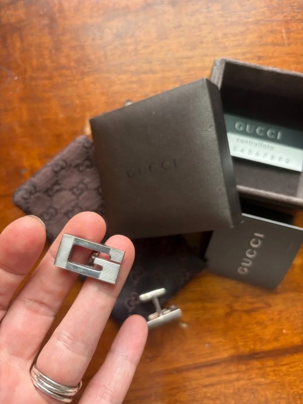 Vintage Gucci Sterling Silver Monogram Cufflinks with Box
